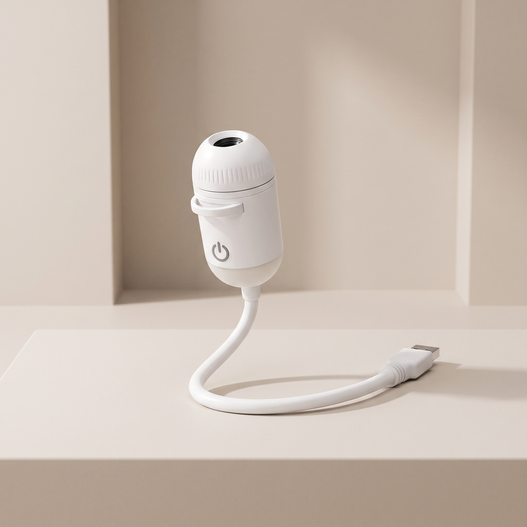 A white cylindrical electronic device with a flexible gooseneck USB cable, standing on a beige platform against a matching beige background.