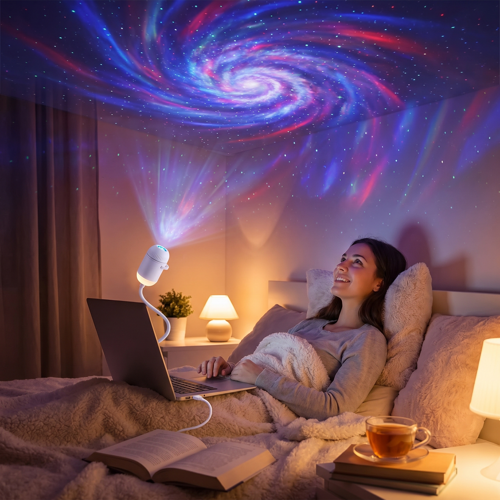 A woman relaxes in bed under a glowing galaxy projector lamp casting a colorful cosmic swirl pattern onto the wall and ceiling. The room is warmly lit by bedside lamps, with a laptop, book, and cup of tea nearby.