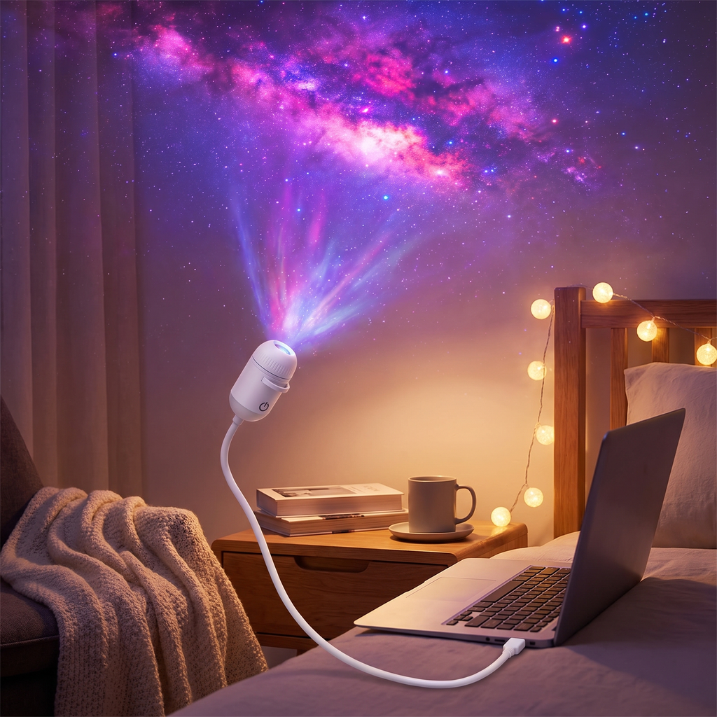 A white galaxy projector lamp on a bedside table casting a colorful starry night sky pattern onto the wall above a bed with a laptop and mug.