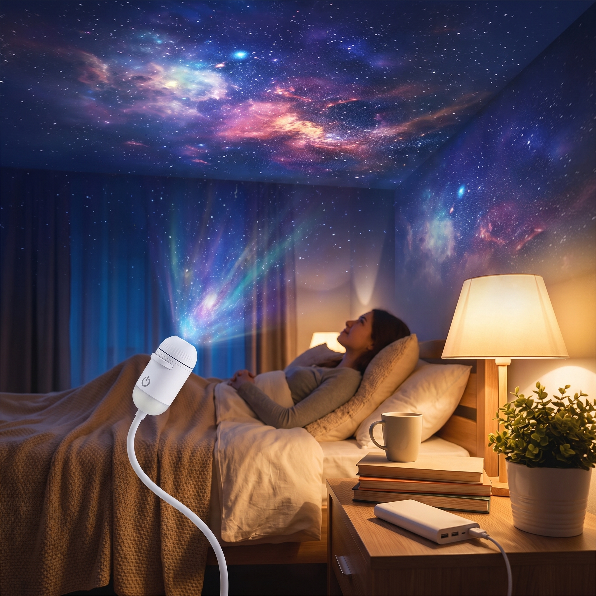 A person lying in bed under a galaxy-printed ceiling and wall mural, with colorful starry light beams projected onto the room from a white handheld projector on the bedside table.