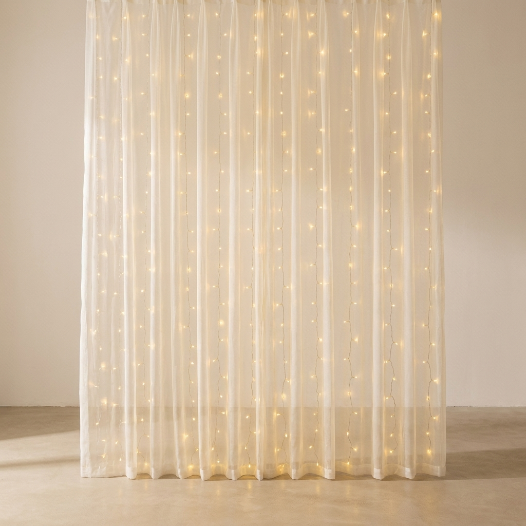 A floor-length sheer curtain panel draped in soft vertical folds, illuminated with warm white string lights that glow against a neutral beige wall and floor.