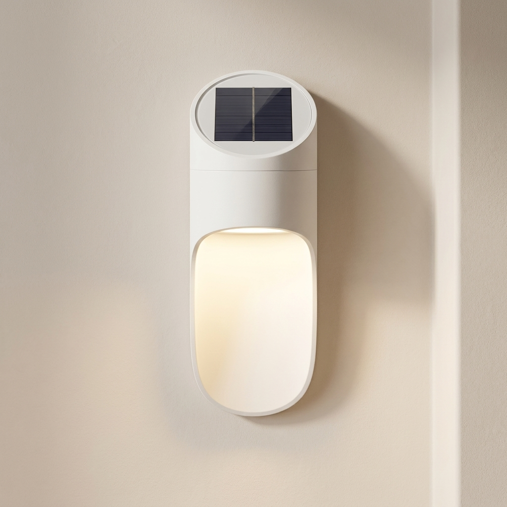 A modern white solar wall light mounted on a beige wall, featuring a small dark solar panel on a circular top cap above a glowing warm white light housing.