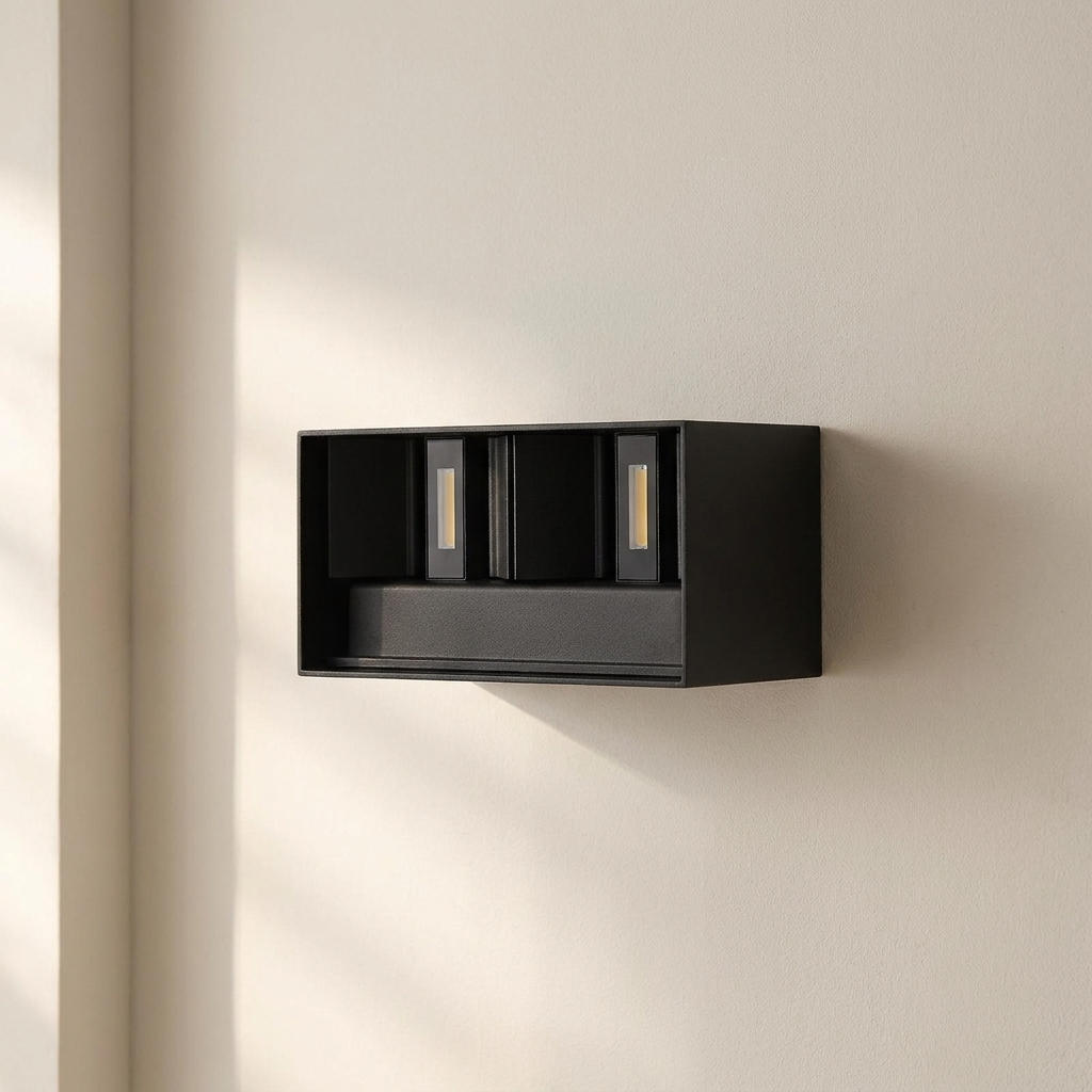 A modern black rectangular wall-mounted light fixture with three vertical illuminated LED light bars, mounted on a warm beige wall with soft sunlight shadows.