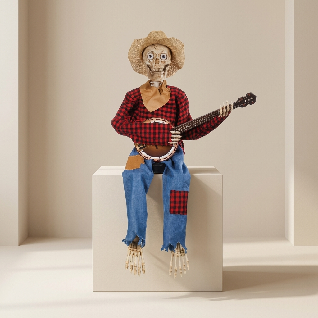 A Halloween-style decorative scarecrow figure wearing a straw hat, red-and-black plaid shirt, blue jeans, and skeletal legs, seated on a white pedestal and holding a banjo. No real person, animal, or outdoor environment is present, so this is Product/Packaging rather than Lifestyle.
