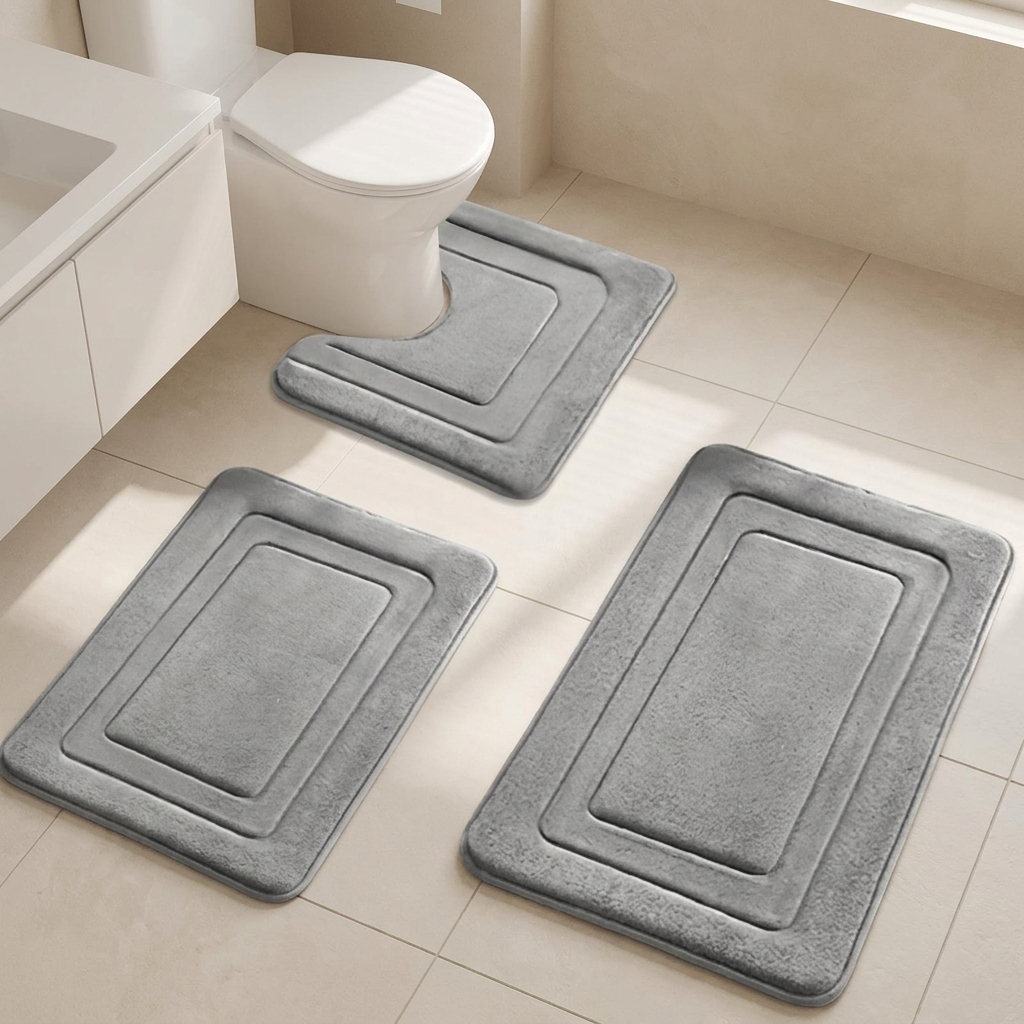 Three-piece gray bathroom rug set with concentric rectangular designs, shown on a beige tiled floor in a clean bathroom setting next to a toilet and bathtub.