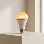 A warm white LED light bulb with a frosted dome and an exposed screw base, glowing with a soft yellow-orange light, displayed on a minimalist beige pedestal against a neutral background.