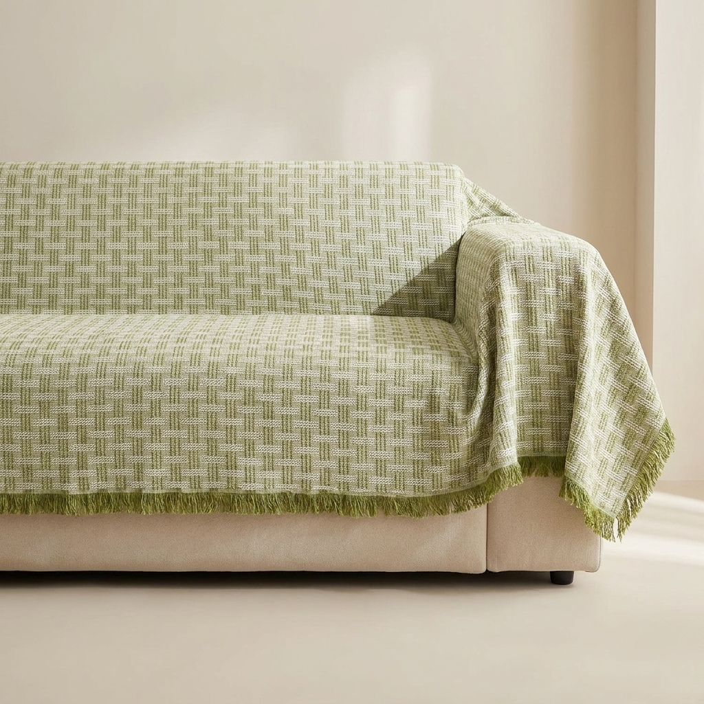 A light sage green and white woven throw blanket with fringed edges draped over a cream-colored sofa in a minimalist room setting.