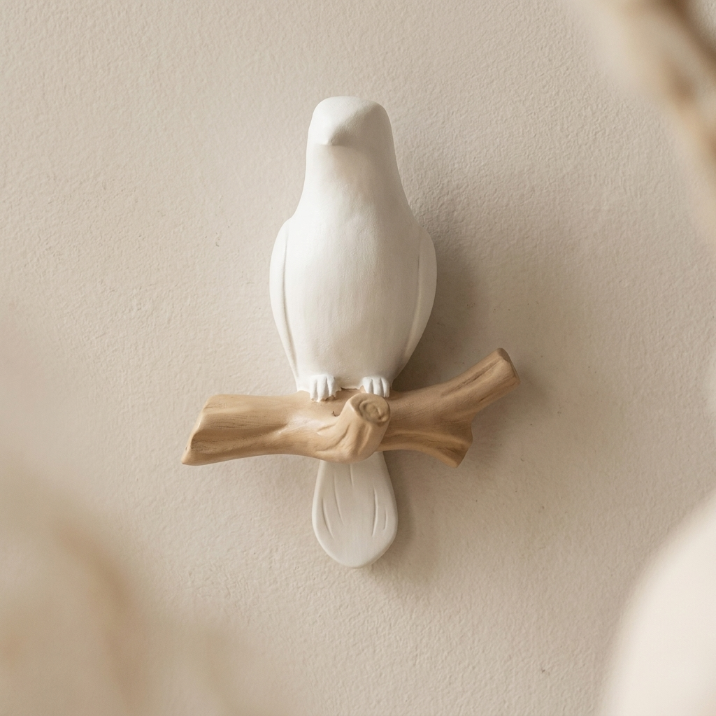 A white ceramic bird figurine perched on a light brown branch, mounted on a textured beige wall.