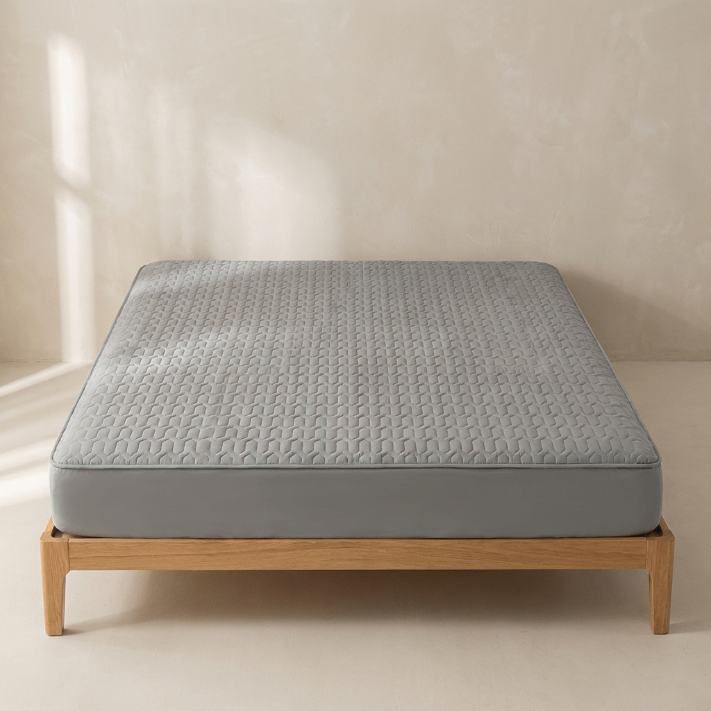 A light gray quilted mattress on a low wooden bed frame, set against a warm beige wall with soft window light casting shadows.