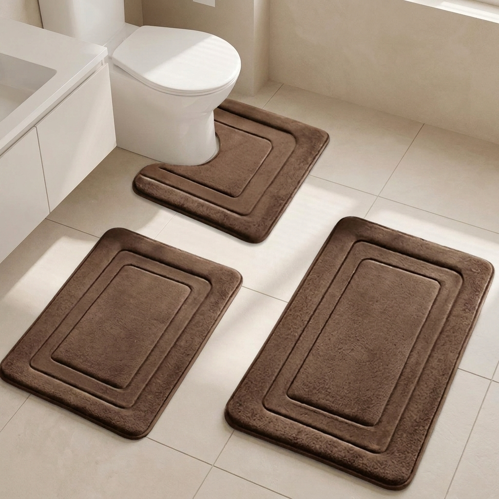 Three brown rectangular bath mats with raised concentric border designs, shown on a light beige tiled bathroom floor around a toilet and bathtub.