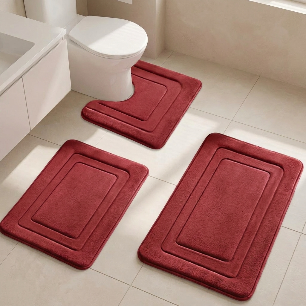 Three-piece bathroom rug set in a deep red plush fabric, including a toilet mat, a tub edge mat, and two rectangular floor mats, shown on a beige tiled bathroom floor.