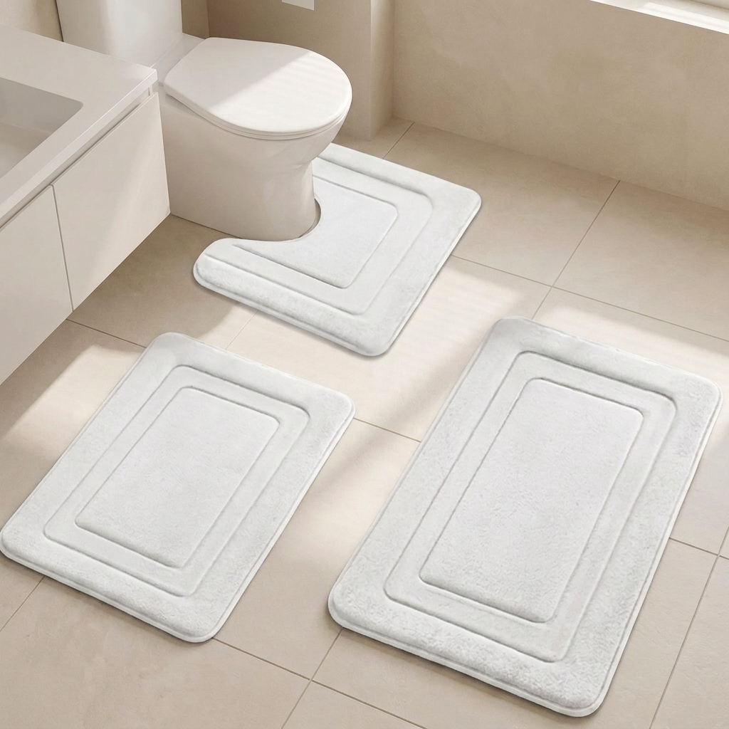 Three-piece white bath mat set including a toilet floor mat, a tub floor mat, and a shower floor mat, shown on a beige tiled bathroom floor.