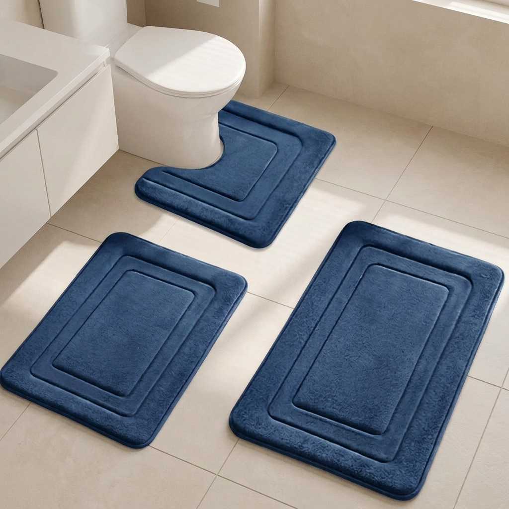 Three-piece navy blue bath mat set in a clean, modern bathroom with beige tiled floors and a white toilet.