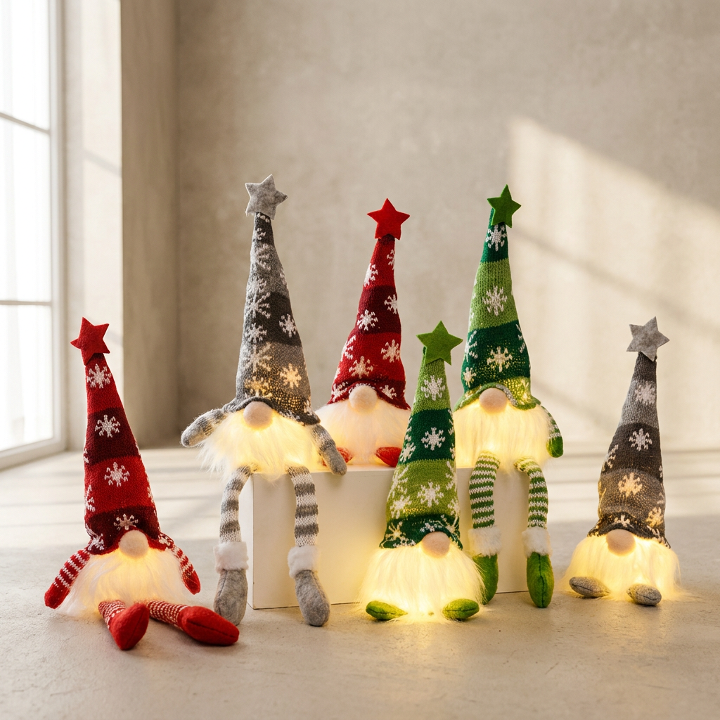 Six Christmas gnome figurines with glowing white beards and tall patterned hats, arranged on a white block in a softly lit indoor setting.