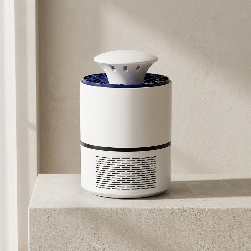 A modern white cylindrical device with a dark blue top ring and black vent grilles, sitting on a light beige stone ledge against a textured beige wall.