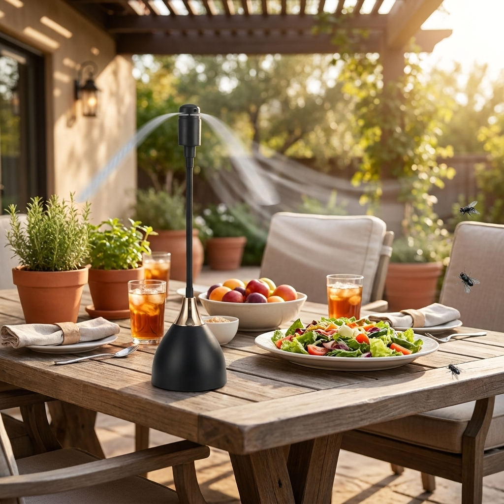 A black outdoor patio insect trap device stands on a wooden dining table set with a salad, iced tea, and other outdoor dining items, with a garden and patio background.