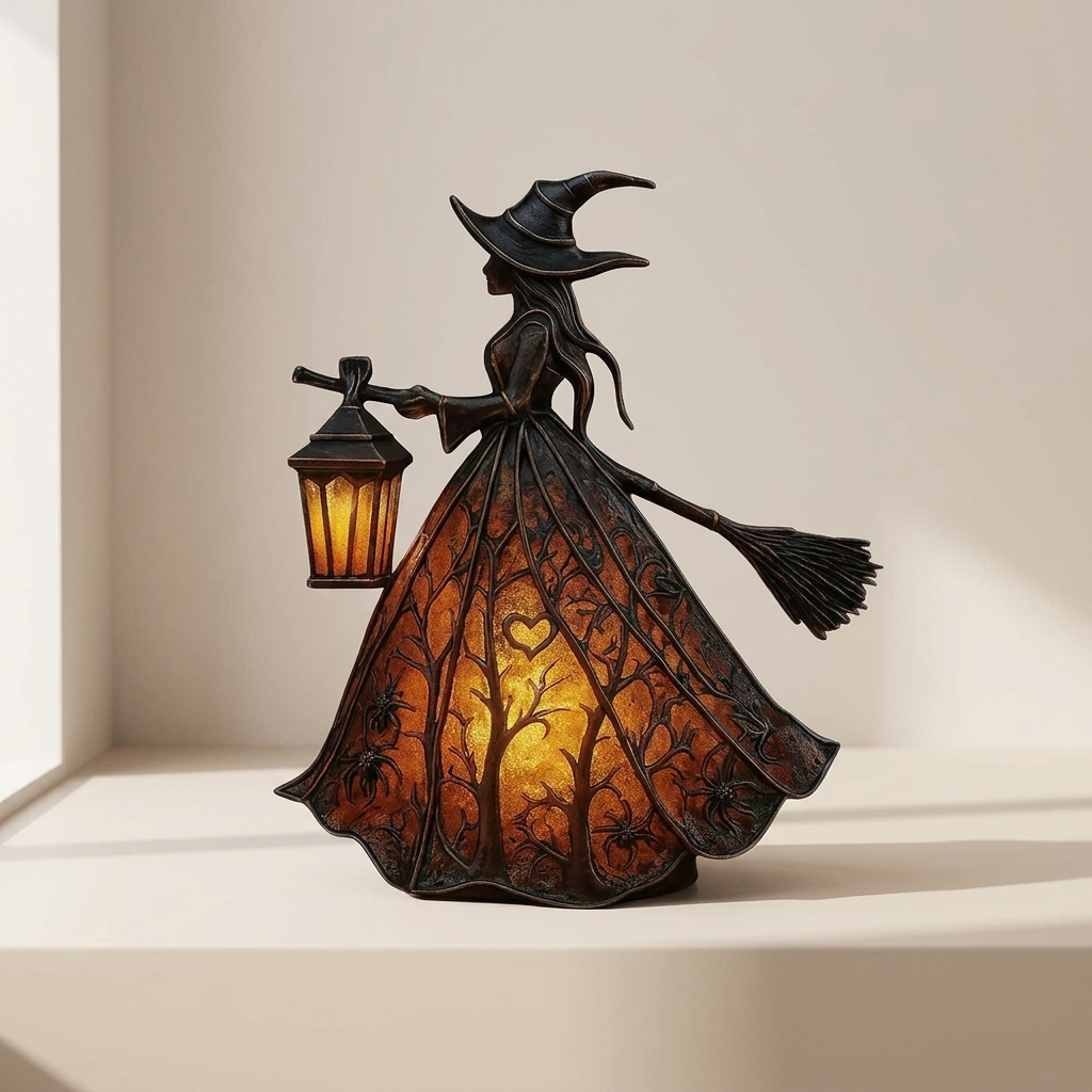A witch figurine with a glowing tree-patterned dress and lantern, displayed on a light beige shelf against a neutral background.