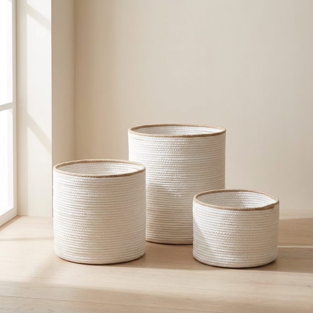 Three nested cylindrical rope baskets in a natural off-white color with tan woven trim, displayed on a light wood surface in a brightly lit room.