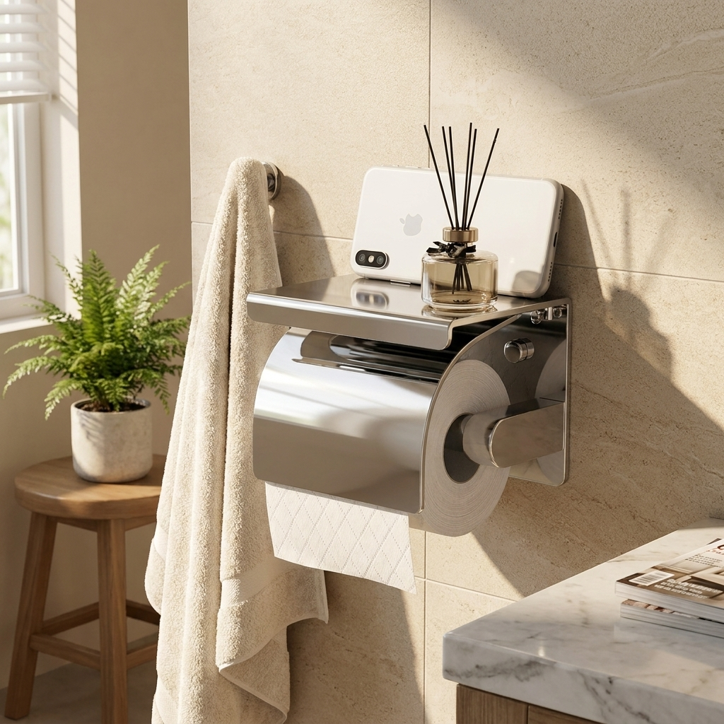 A wall-mounted stainless steel toilet paper holder with a small shelf on a beige tiled bathroom wall. A white tissue roll is partially unrolled, and the shelf holds a smartphone, a diffuser bottle, and a folded towel hangs from a side hook.