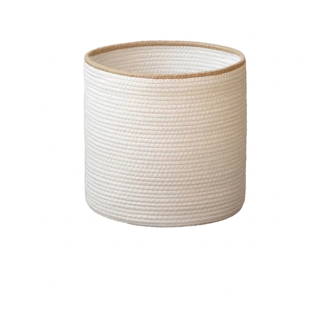 A cylindrical rope basket in a cream/off-white color with a natural tan jute trim along the rim, shown on a plain white background.
