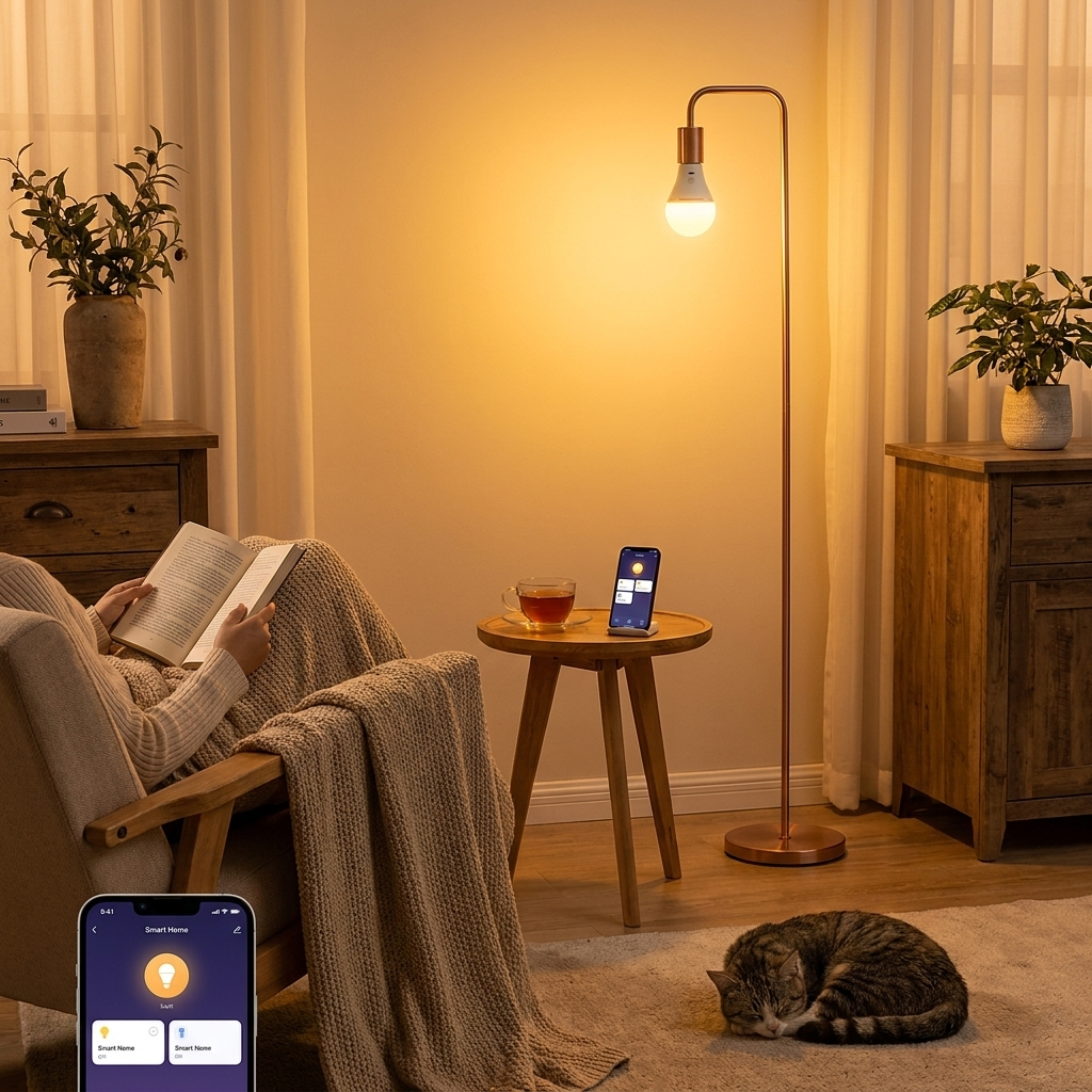 A warm ambient floor lamp with a copper-toned stand and glowing bulb stands in a cozy living room. A person reclines in a chair reading a book, a small side table holds a drink and a phone, and a cat sleeps on the rug nearby.