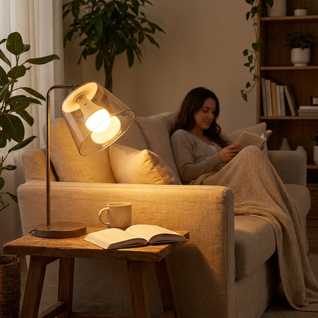 A warm, modern table lamp with a clear glass shade and bronze-toned base illuminates a cozy living room scene. A woman relaxes on a beige armchair reading a book, with a wooden side table holding a mug and an open book in the foreground.