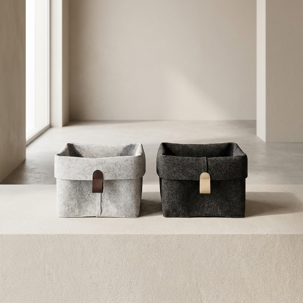 Two rectangular felt storage baskets sit on a light stone ledge in a minimalist interior. The left basket is light gray with a dark brown leather tab, and the right basket is charcoal gray with a small gold-toned tab.