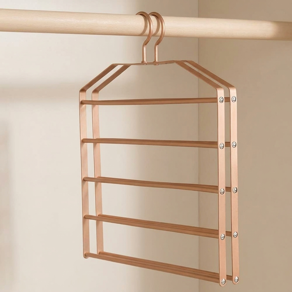 A rose gold metal closet organizer hanger with five horizontal bars, suspended from a wooden closet rod against a neutral beige background.