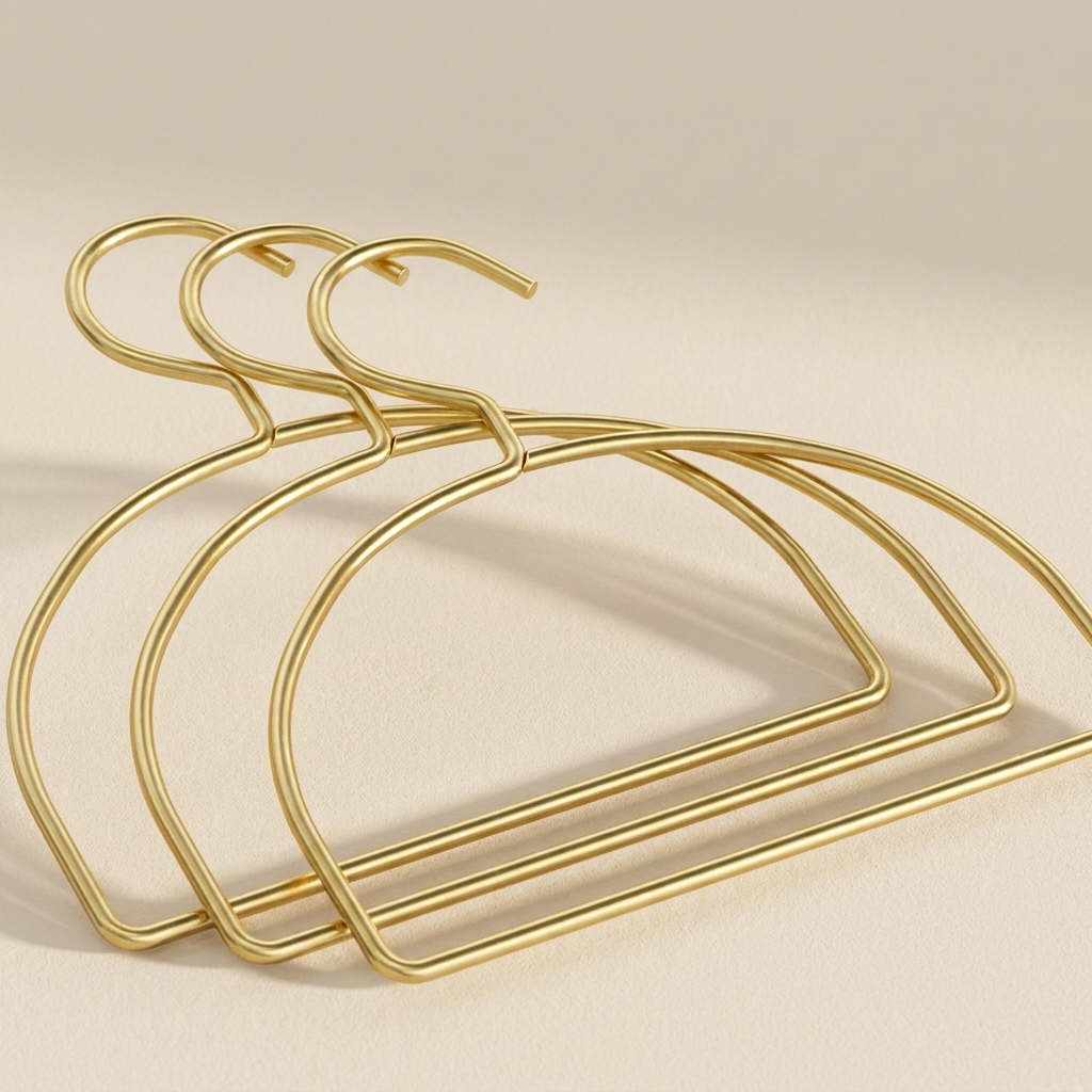 Three gold metal hangers arranged overlapping on a warm beige background.
