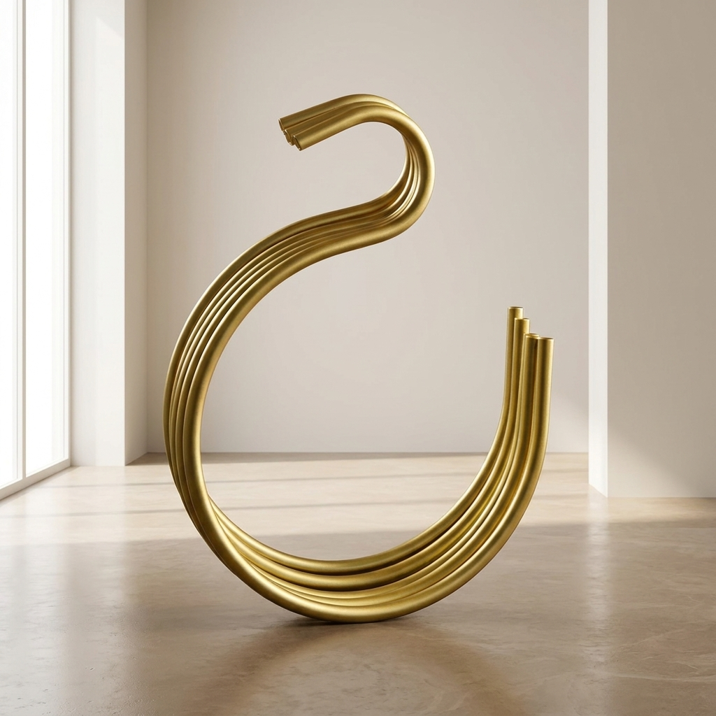 A modern abstract gold sculpture resembling a stylized S or coiled ribbon, displayed on a polished concrete floor against a minimalist beige wall.