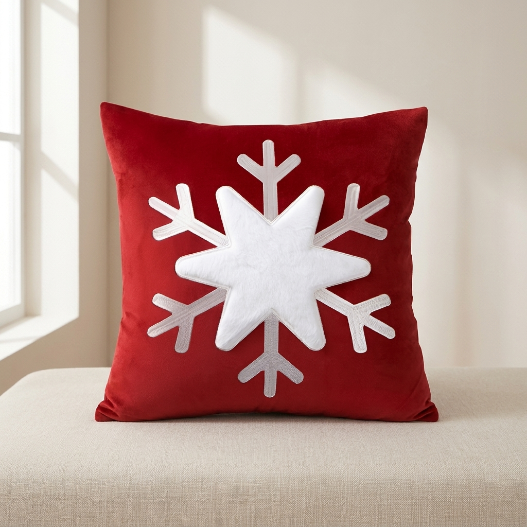 A square red throw pillow with a large white snowflake design on the front, resting on a light beige upholstered bench in a softly lit room.