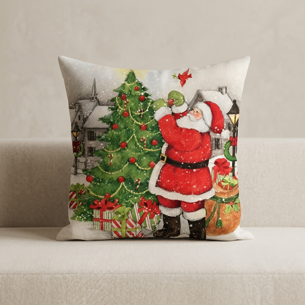 A square decorative throw pillow featuring a festive Christmas illustration of Santa Claus decorating a tree, shown resting on a light beige upholstered surface against a neutral wall.