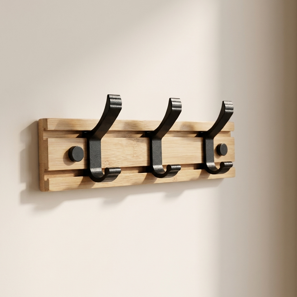 A three-hook wooden coat rack with black metal hooks mounted on a light natural wood plank, shown against a plain off-white wall.