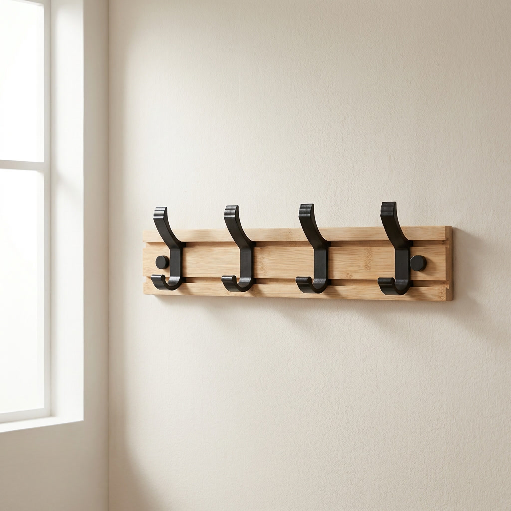 A four-hook wooden coat rack with black metal hooks mounted on a beige wall next to a window.
