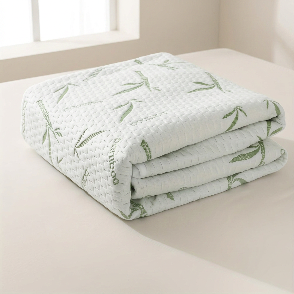A folded quilted cotton blanket with a green bamboo leaf pattern and 'bamboo' text, displayed on a light beige surface.