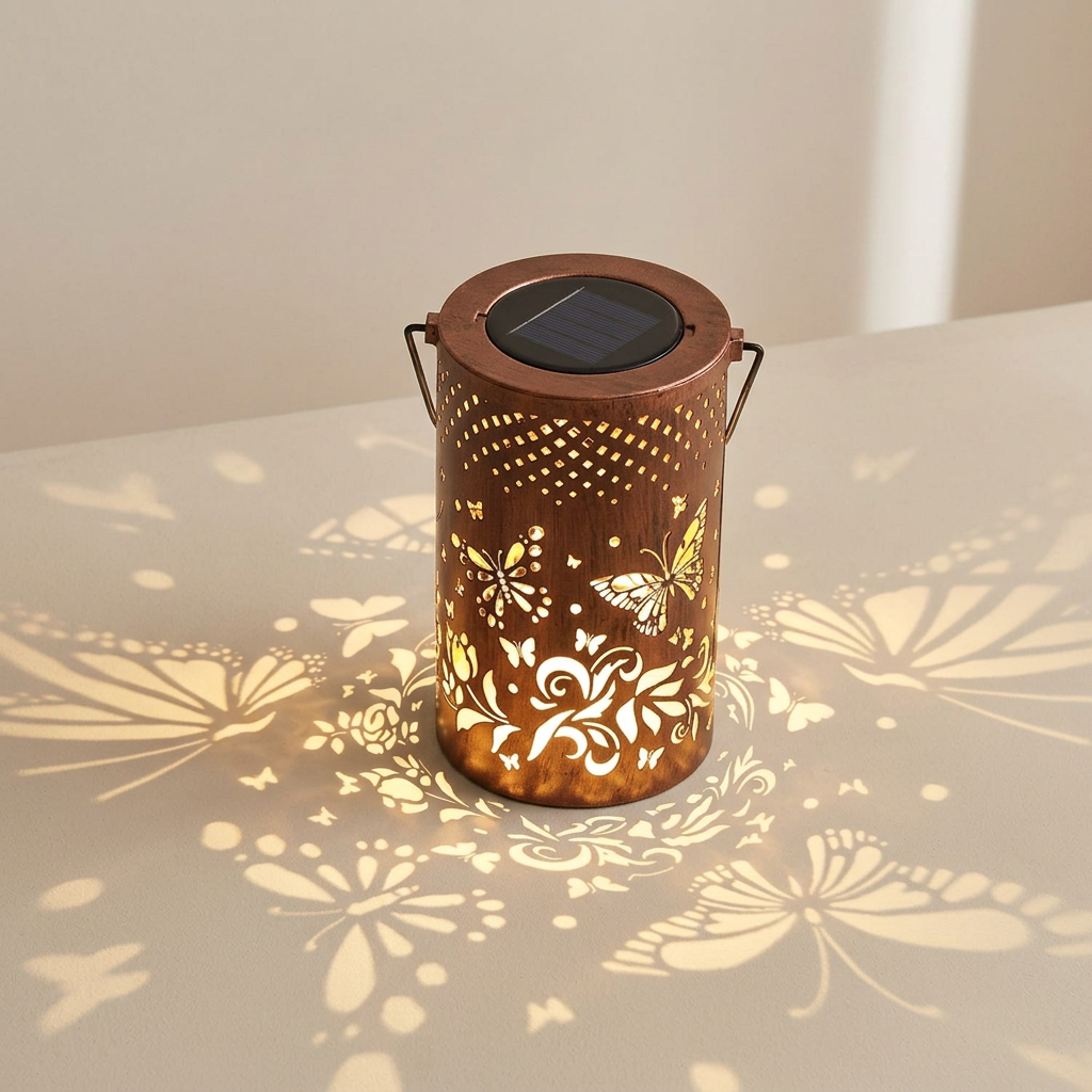 A cylindrical copper-colored solar lantern with butterfly and floral cutout patterns, casting warm light and shadow patterns on a neutral surface.