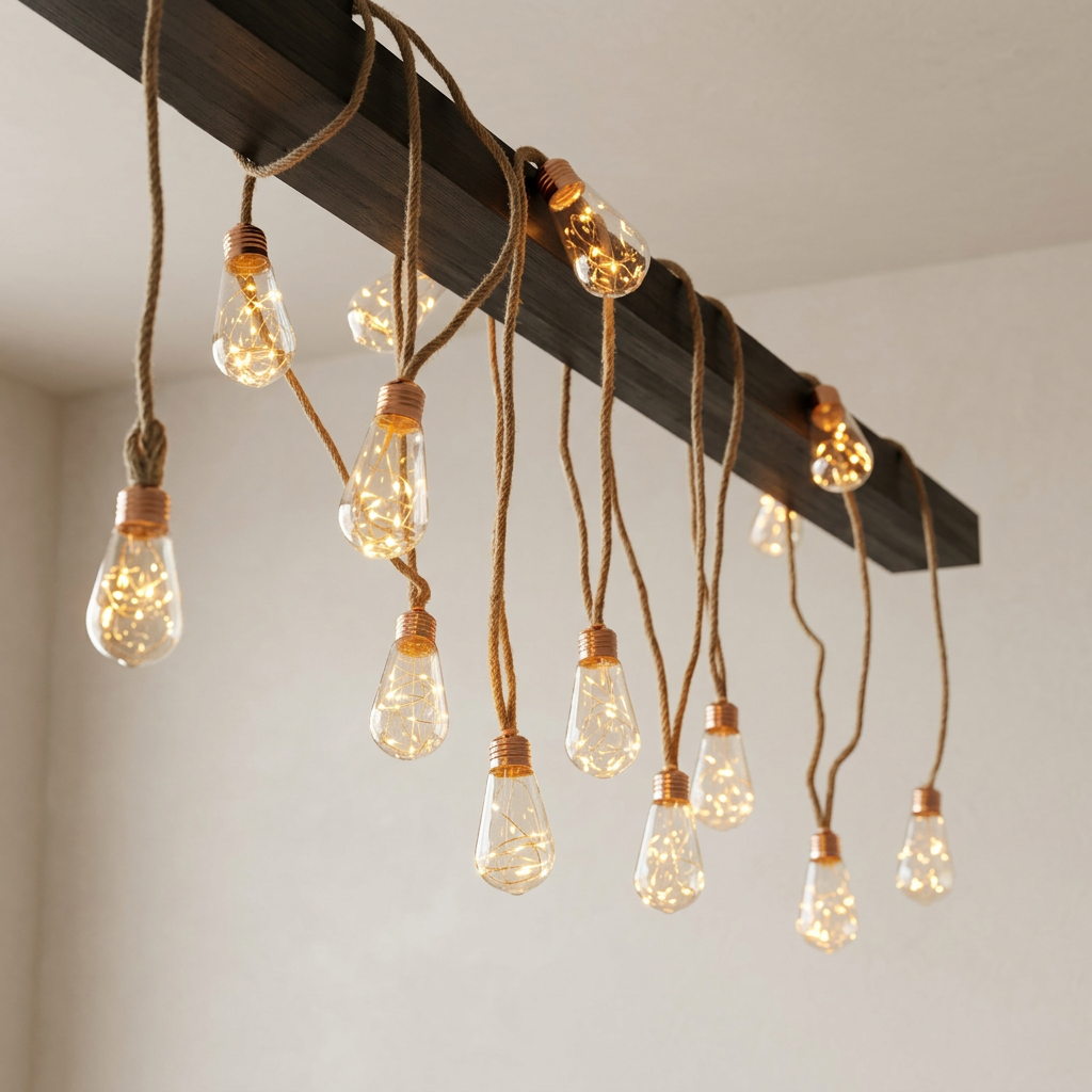 Industrial-style string light fixture with multiple clear glass globe bulbs hanging from a dark wooden beam on a ceiling, with warm white illuminated bulbs and brown cords.