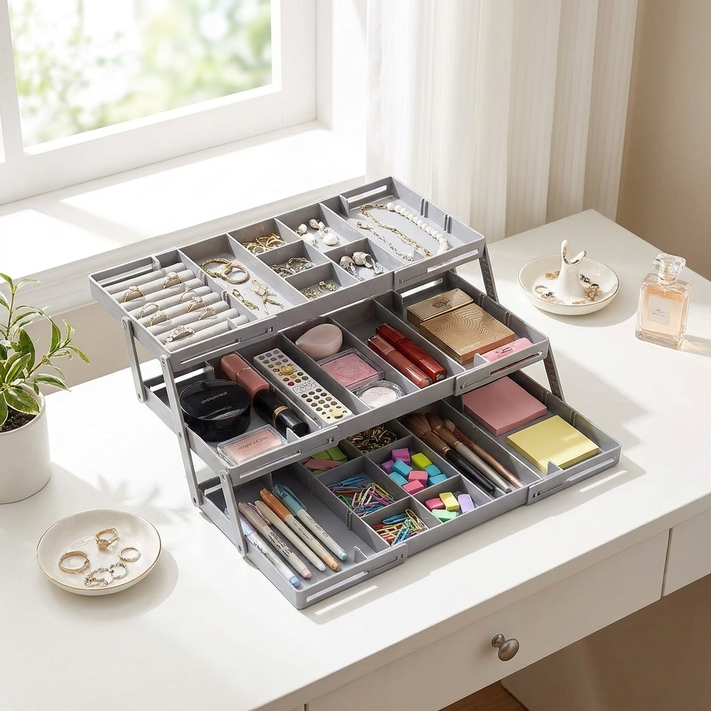 A gray metal jewelry organizer with multiple drawers and compartments, shown open on a white desk in a bright room. The organizer is filled with rings, necklaces, earrings, cosmetics, and stationery.