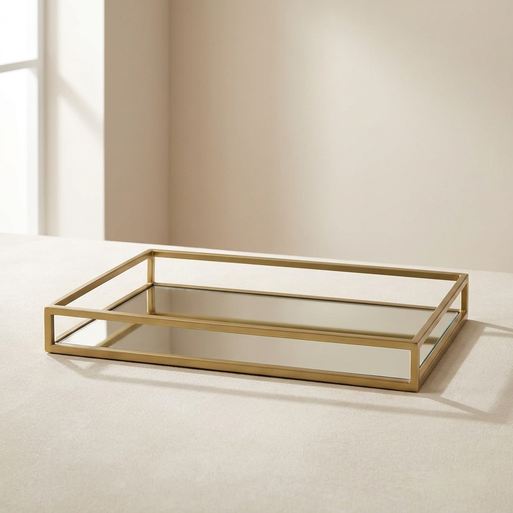 A rectangular gold-framed tray with mirrored glass panels, shown on a light beige surface against a neutral beige wall.