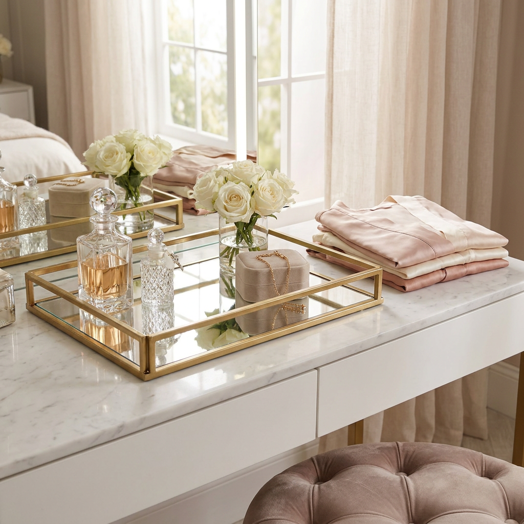 A rectangular mirrored vanity tray with a gold metal frame sits on a white marble dressing table in a softly lit bedroom. The tray is styled with white roses, glass perfume bottles, and folded satin sheets.