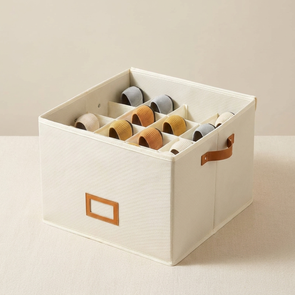 An off-white fabric storage box with a grid of compartments holding ribbon spools, featuring brown handles and a label slot on the front, set against a neutral beige background.