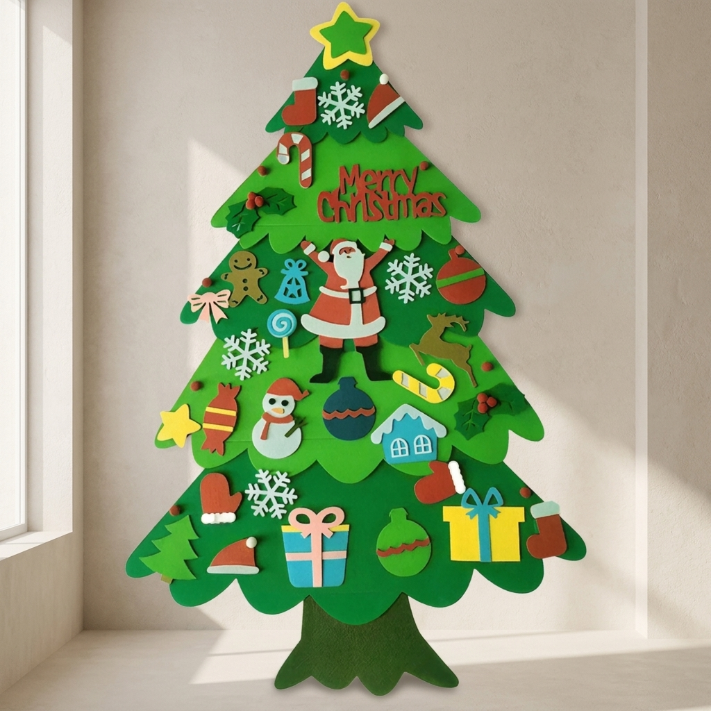 A green felt Christmas tree decoration with colorful holiday ornaments, a Santa Claus figure, snowflakes, candy canes, gifts, and a red 'Merry Christmas' sign, displayed against a beige wall near a window.