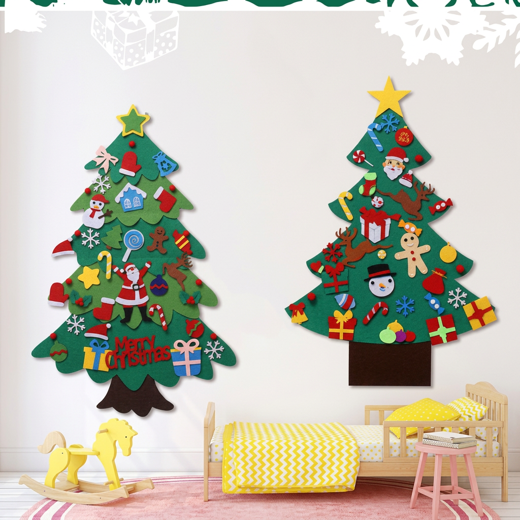 Two green felt Christmas tree wall decorations with colorful holiday ornaments are displayed on a white wall in a children's bedroom setting, with a wooden bed, yellow chevron blanket, pink stool, and yellow rocking horse visible.
