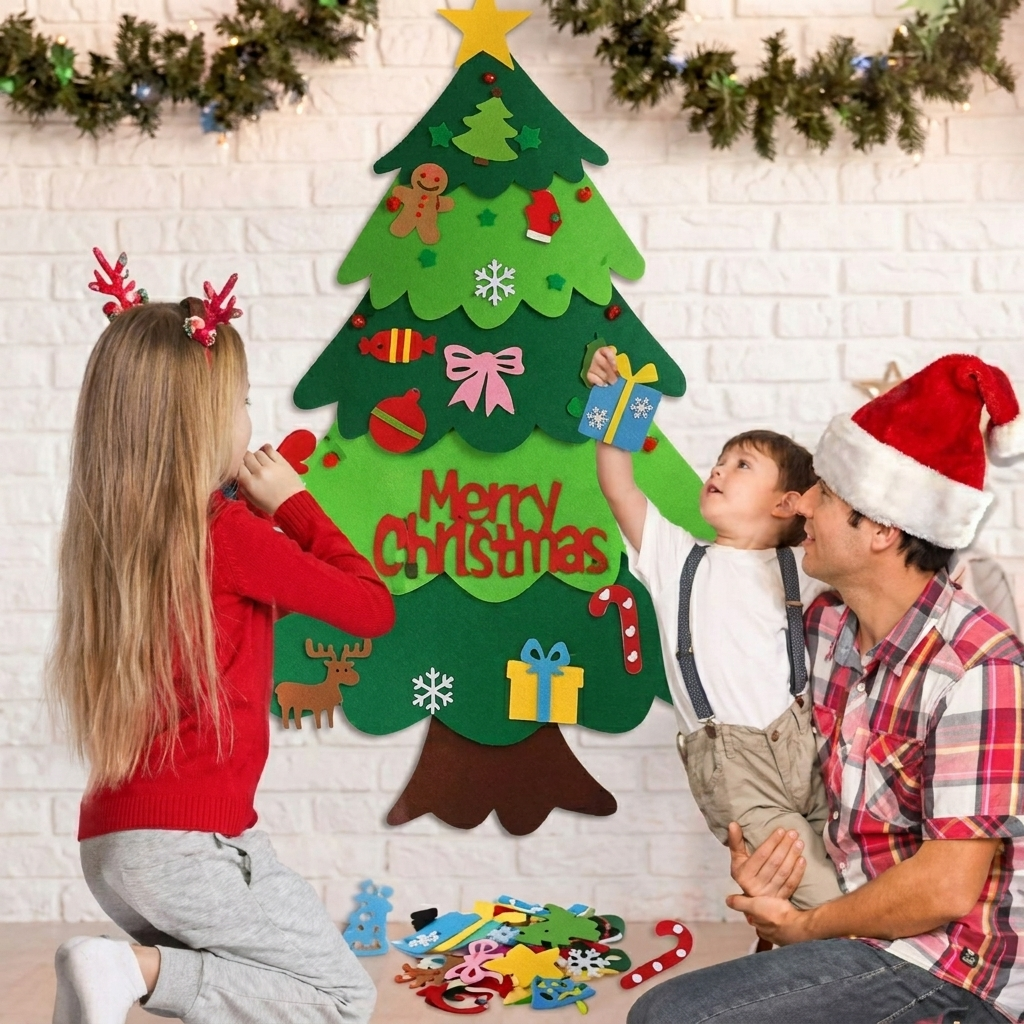 A family of three decorating a large felt Christmas tree wall hanging with colorful ornaments, gifts, and candy canes. The girl wears red reindeer antlers, the boy wears a Santa hat, and the man wears a Santa hat and plaid shirt.