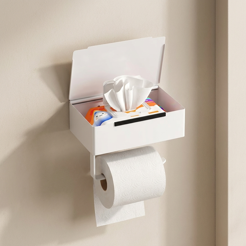 A white wall-mounted tissue box holder and toilet paper dispenser with the tissue lid open, holding a tissue and packaged wipes, with a toilet paper roll hanging below, shown against a beige wall.