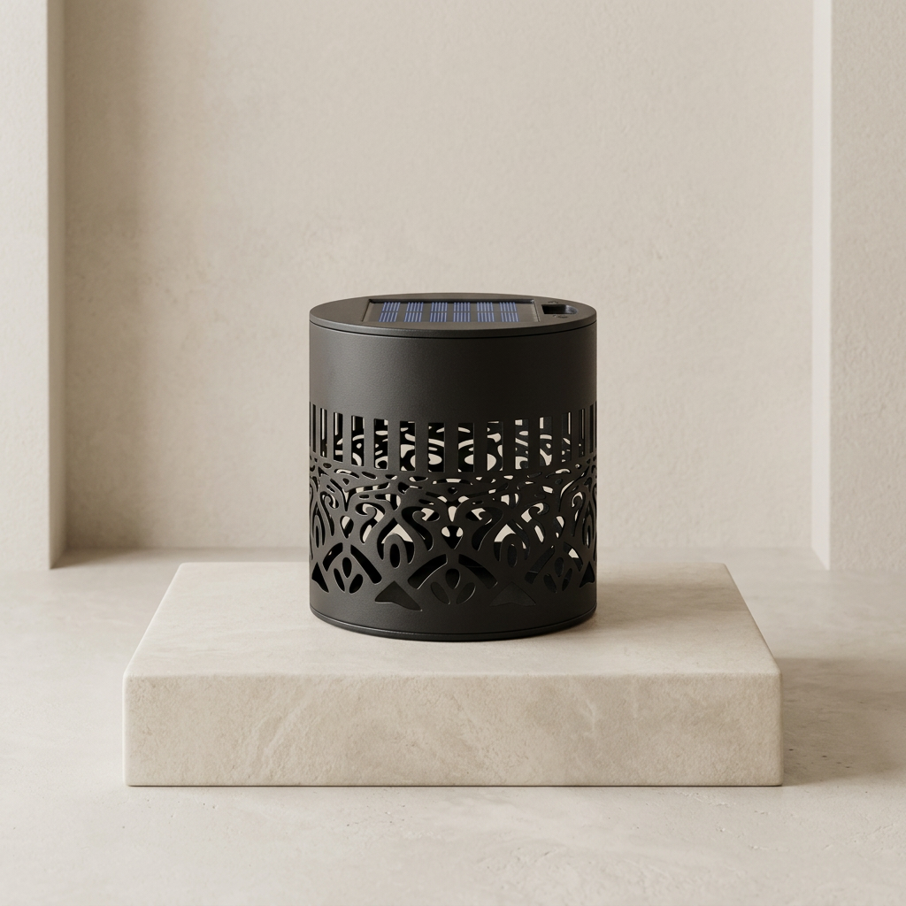 A black cylindrical solar lantern with an intricate laser-cut geometric pattern on the body, displayed on a light beige stone pedestal against a matching beige textured wall.
