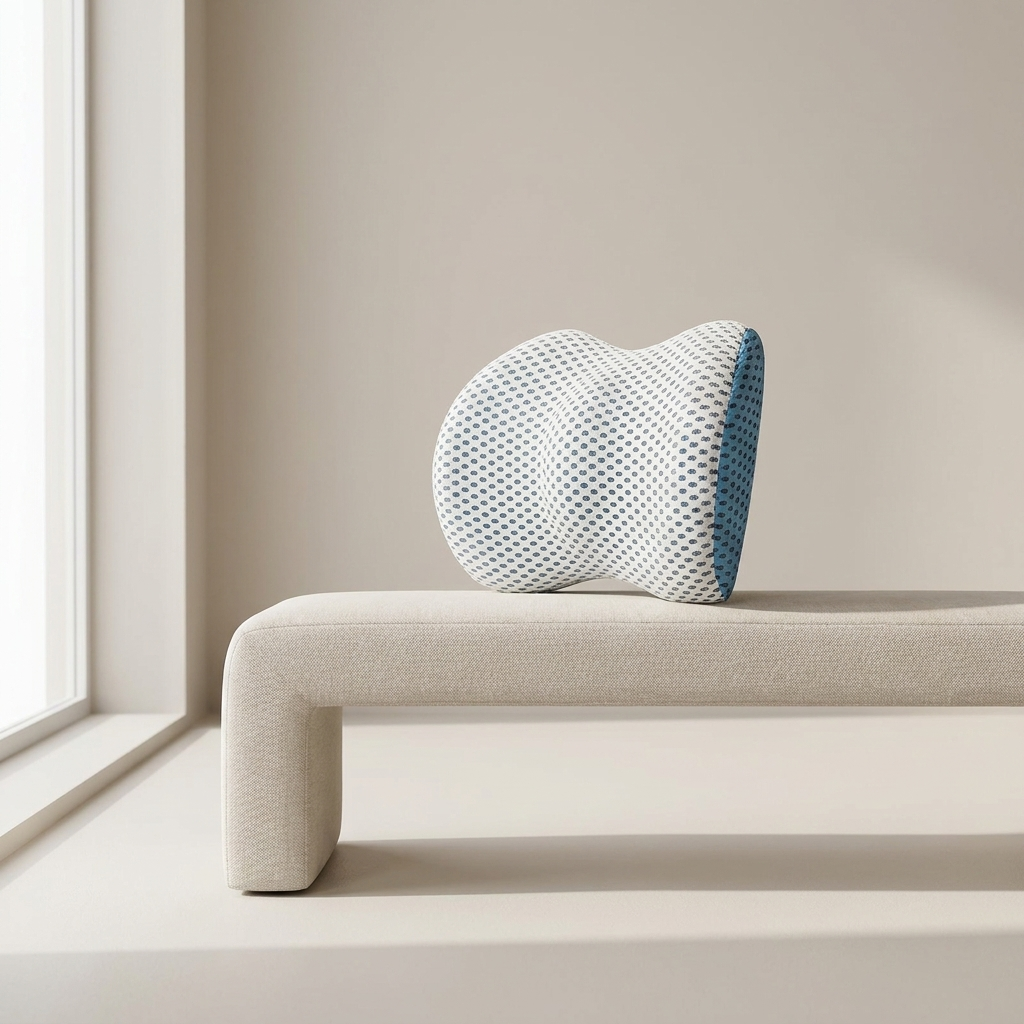 A contoured cervical pillow with a blue and white dotted pattern rests on a minimalist beige bench in a bright, modern room.