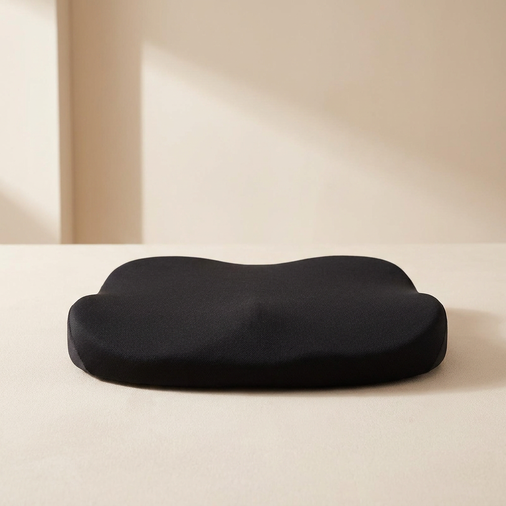A black contoured memory foam neck pillow resting on a light beige surface against a matching beige background.
