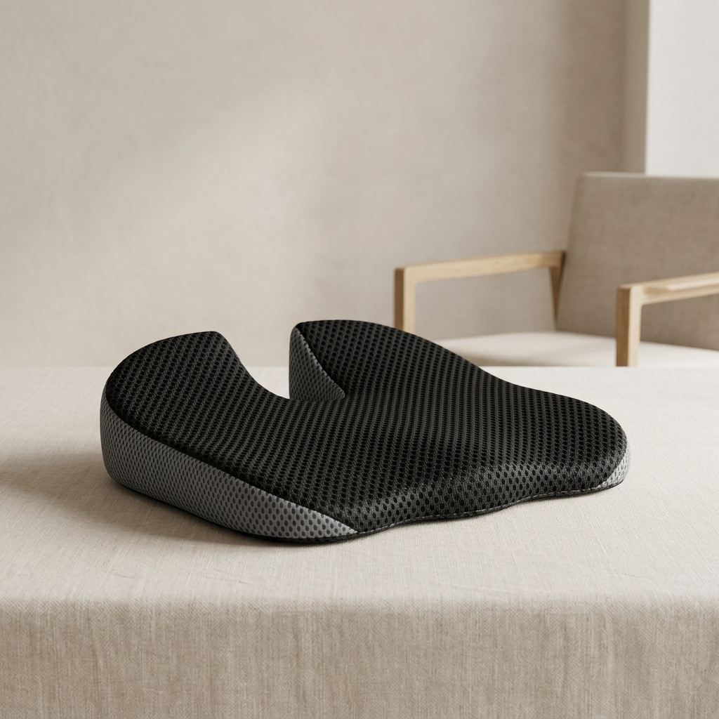 A black ergonomic mattress topper with a carbon fiber pattern, displayed on a beige linen-covered table with a modern chair in the background.