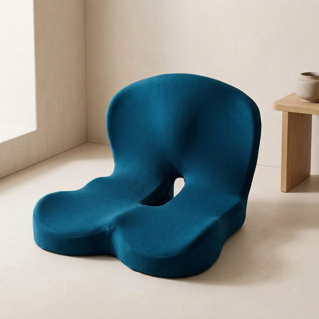A teal blue contoured lumbar support cushion chair, styled in a minimalist beige room corner next to a small wooden side table.